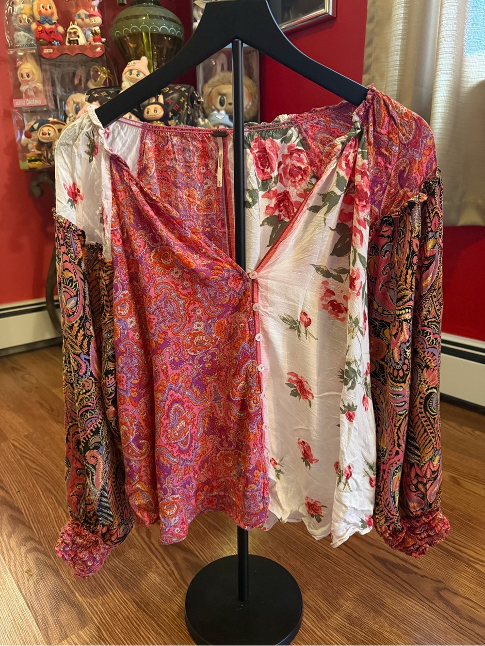Free People Mixed-Print Off-Shoulder Blouse in Red and White